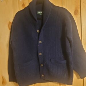 ORVIS cardigan sweater XL navy blue SHAWL thick wool ELBOW PATCH ribbed